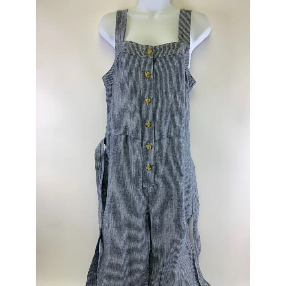 Everlane Linen Picnic Jumpsuit Blue Pinstriped Button Belted Adjustable Womens 6